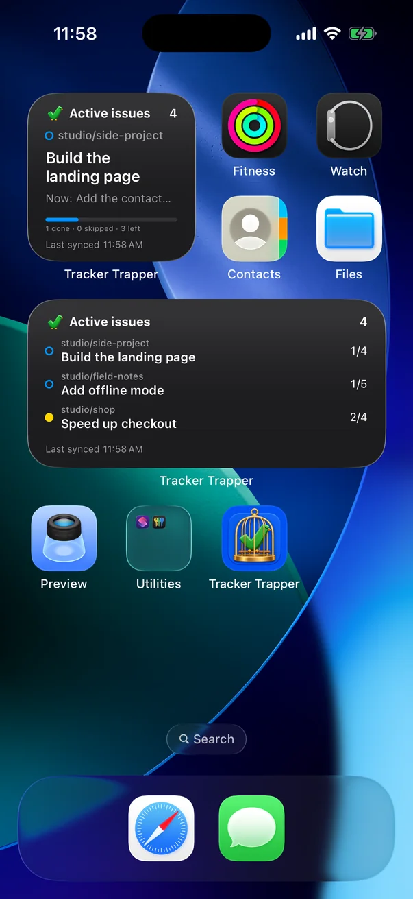 Small and medium Tracker Trapper widgets on the Home Screen