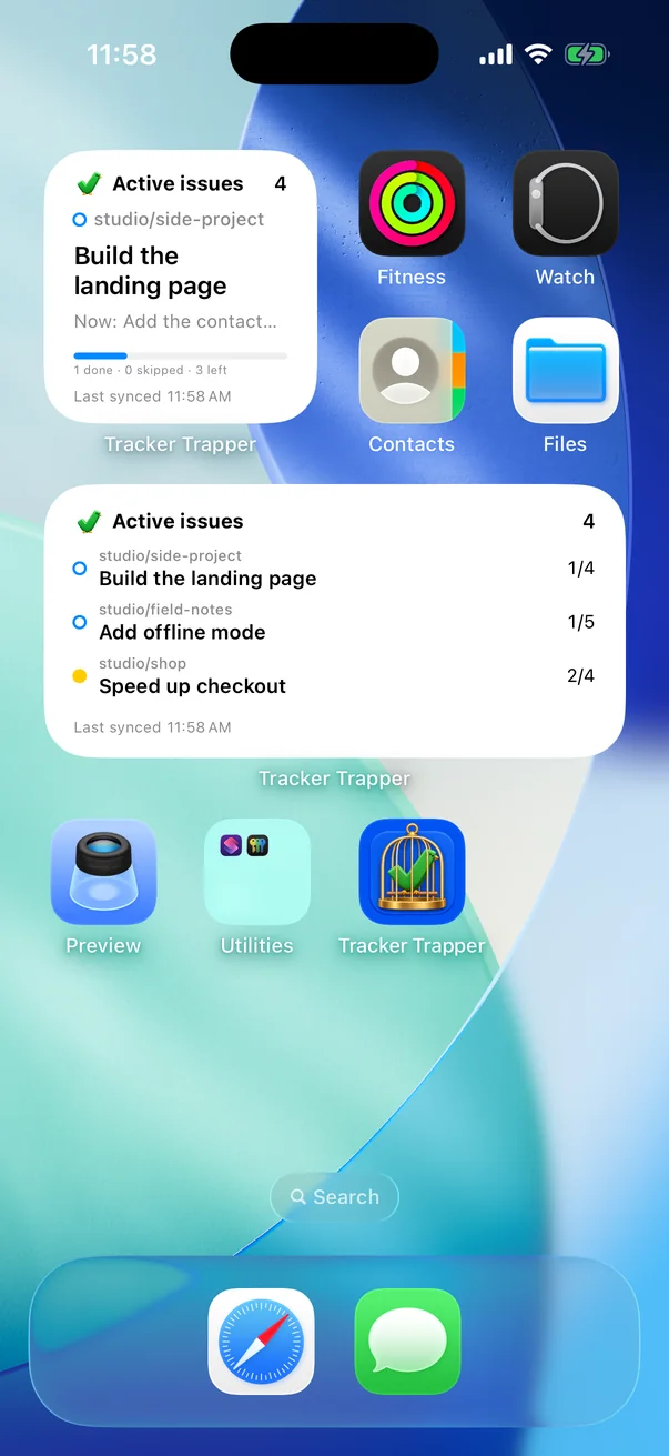 Small and medium Tracker Trapper widgets on the Home Screen