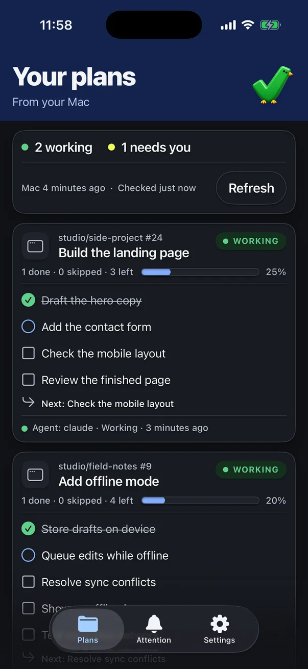 Plans tab listing active plans with their tasks