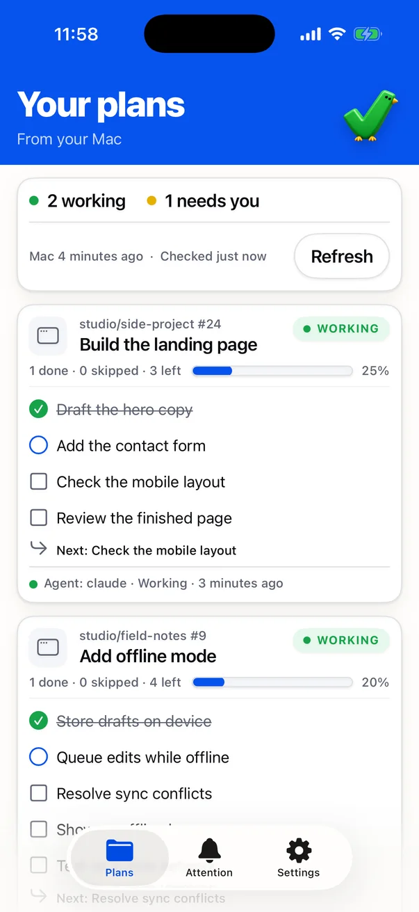 Plans tab listing active plans with their tasks