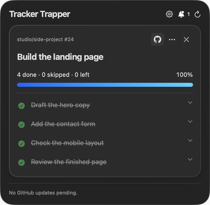 Mac menu-bar panel: Build the landing page, all 4 tasks done
