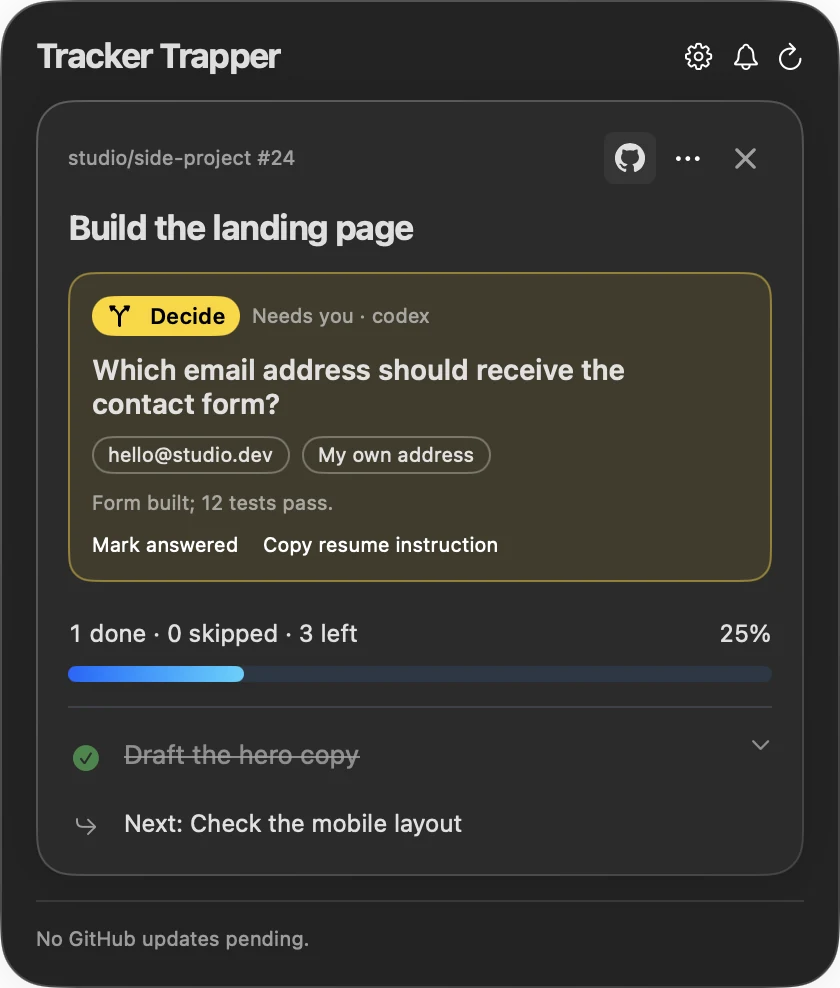 Mac menu-bar panel: Codex asks which email address should receive the contact form, with two choices